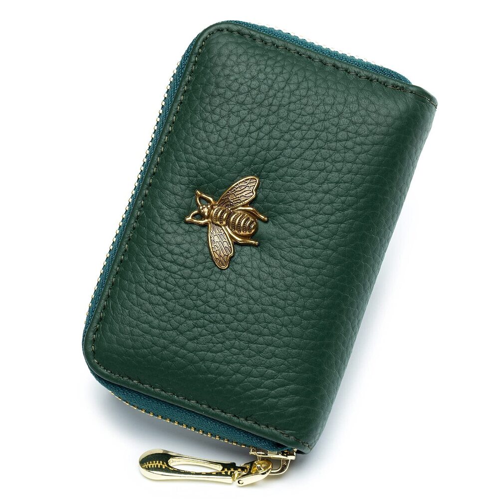 5065 RFID Credit Card Holder, Small Leather Zipper Card Case Wallet